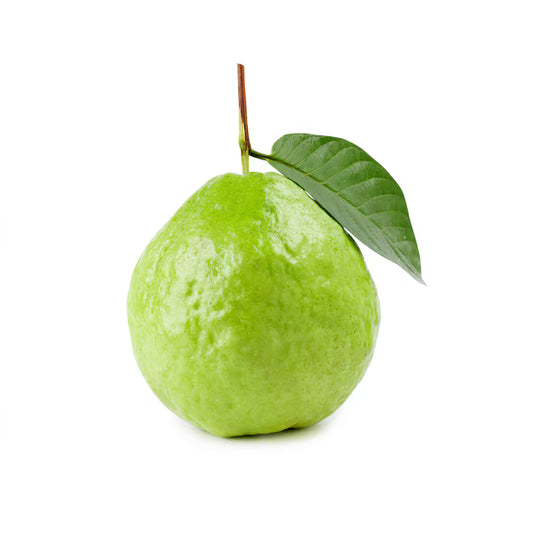 Green guava with a leaf on a white background