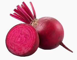Two beets, one whole and one cut in half, on a white background